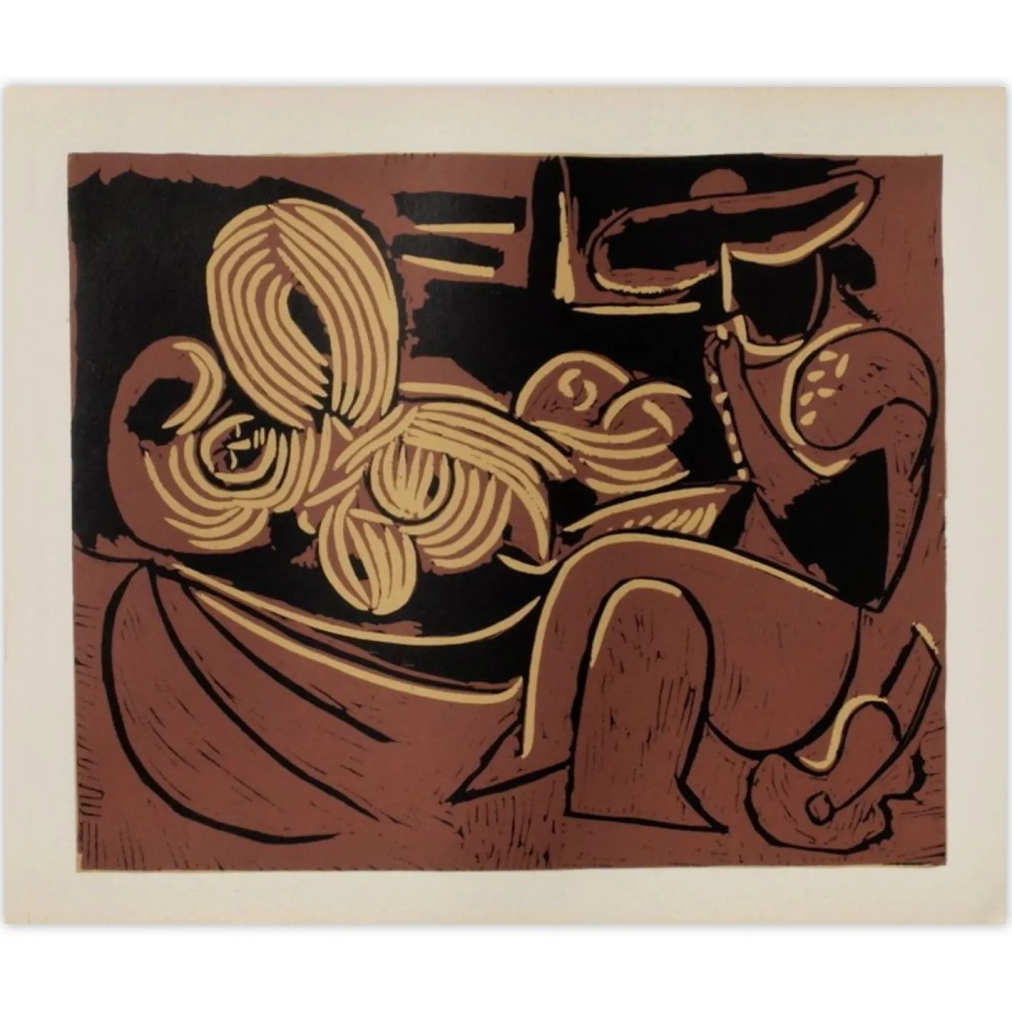 Nach Pablo Picasso, LC - Femme Couchée et Homme à la Guitare, 1962, Linolschnitt