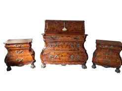 Niederländischer Vintage Barock Triptychon Schrank & Nachttische mit Intarsien, 1920er, 3er Set