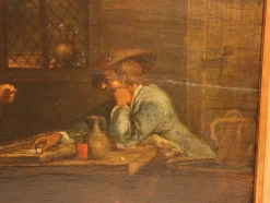Niederländische Wirtshausszene mit Würfelspielern, 17. Jh., Öl auf Holz, gerahmt