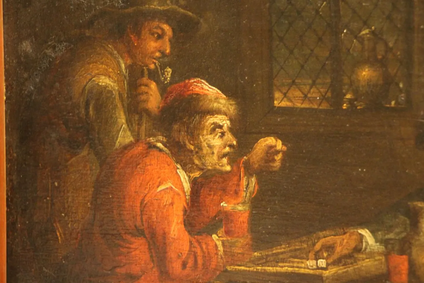 Niederländische Wirtshausszene mit Würfelspielern, 17. Jh., Öl auf Holz, gerahmt