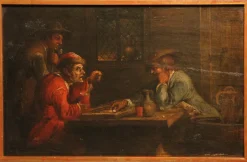 Niederländische Wirtshausszene mit Würfelspielern, 17. Jh., Öl auf Holz, gerahmt