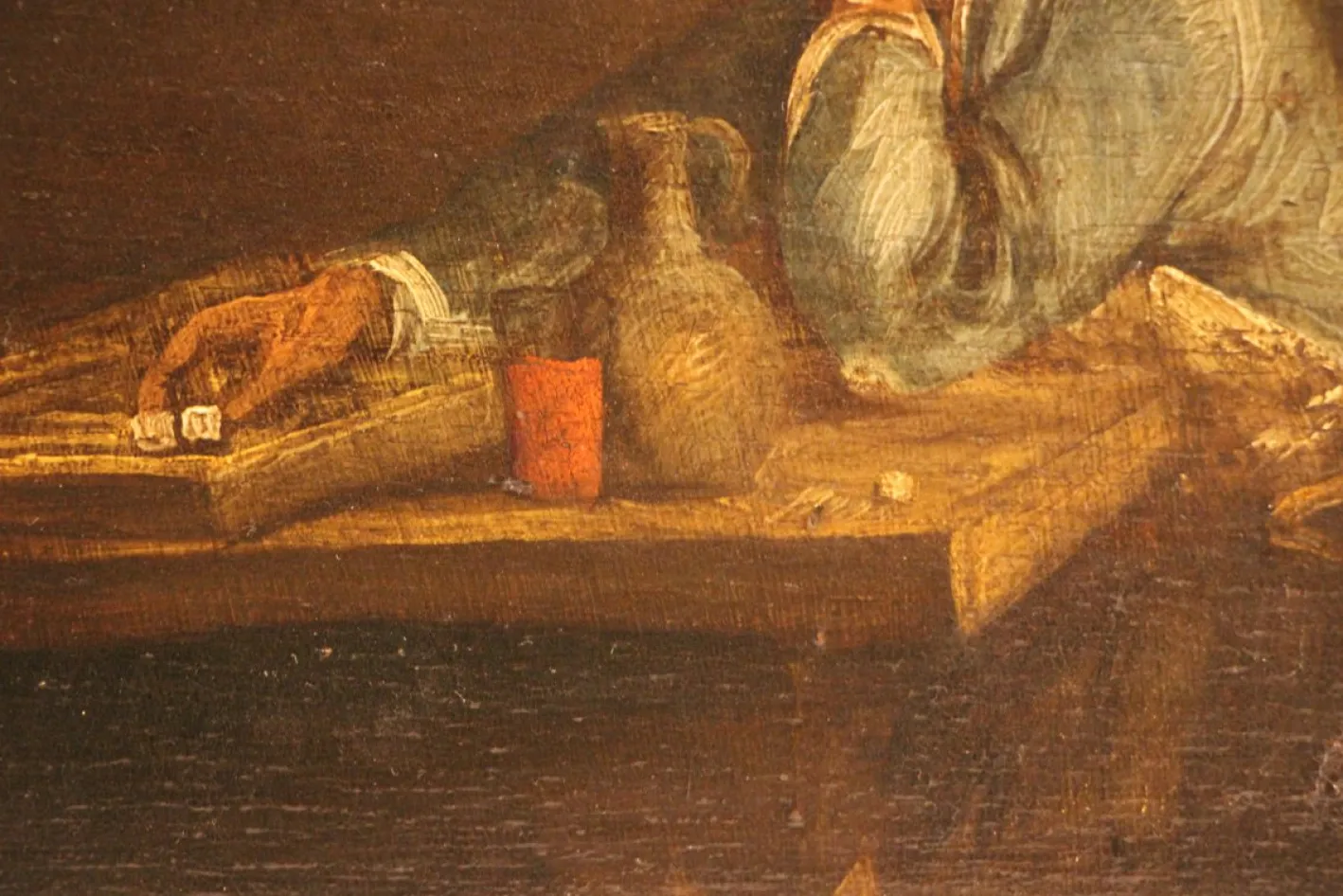 Niederländische Wirtshausszene mit Würfelspielern, 17. Jh., Öl auf Holz, gerahmt