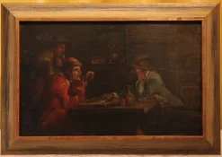 Niederländische Wirtshausszene mit Würfelspielern, 17. Jh., Öl auf Holz, gerahmt