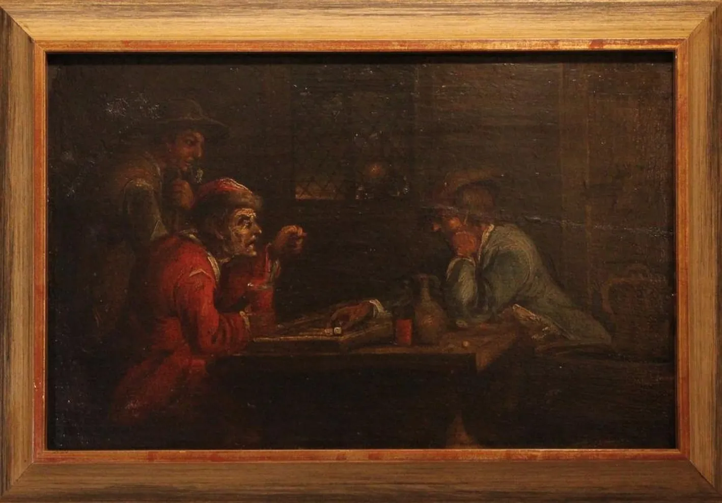 Niederländische Wirtshausszene mit Würfelspielern, 17. Jh., Öl auf Holz, gerahmt