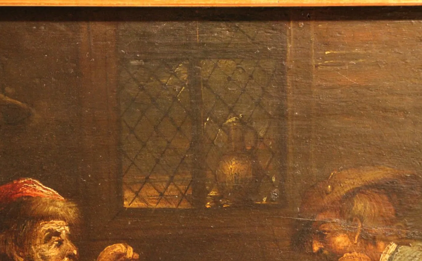 Niederländische Wirtshausszene mit Würfelspielern, 17. Jh., Öl auf Holz, gerahmt