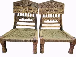 Niedrige indische handgeschnitzte Stühle mit Elefanten-Rückenlehne, 1950er, 2er Set