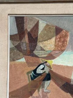 Nils Öst, Figur mit Booten, 1950er, Ölgemälde auf Holz, gerahmt