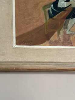 Nils Öst, Figur mit Booten, 1950er, Ölgemälde auf Holz, gerahmt