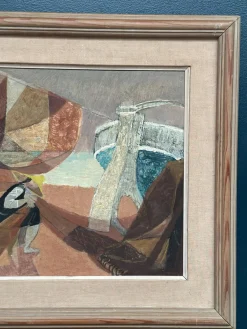 Nils Öst, Figur mit Booten, 1950er, Ölgemälde auf Holz, gerahmt