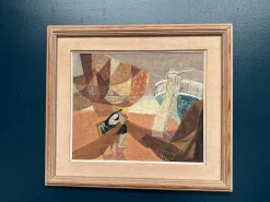 Nils Öst, Figur mit Booten, 1950er, Ölgemälde auf Holz, gerahmt