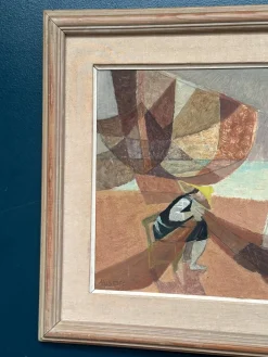 Nils Öst, Figur mit Booten, 1950er, Ölgemälde auf Holz, gerahmt