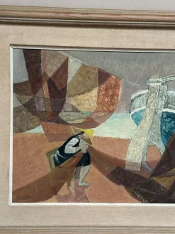Nils Öst, Figur mit Booten, 1950er, Ölgemälde auf Holz, gerahmt