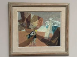 Nils Öst, Figur mit Booten, 1950er, Ölgemälde auf Holz, gerahmt