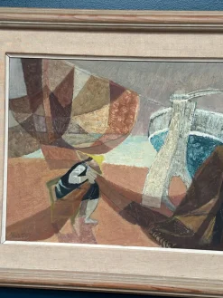 Nils Öst, Figur mit Booten, 1950er, Ölgemälde auf Holz, gerahmt