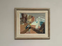 Nils Öst, Figur mit Booten, 1950er, Ölgemälde auf Holz, gerahmt