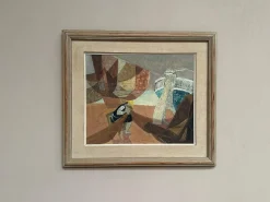 Nils Öst, Figur mit Booten, 1950er, Ölgemälde auf Holz, gerahmt