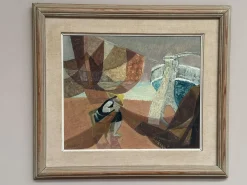 Nils Öst, Figur mit Booten, 1950er, Ölgemälde auf Holz, gerahmt