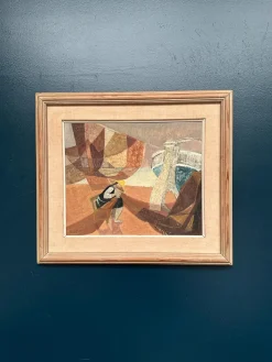 Nils Öst, Figur mit Booten, 1950er, Ölgemälde auf Holz, gerahmt