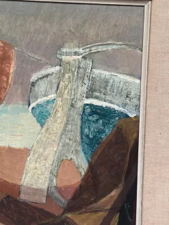 Nils Öst, Figur mit Booten, 1950er, Ölgemälde auf Holz, gerahmt