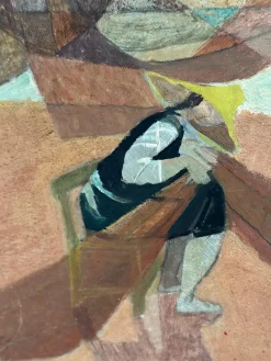 Nils Öst, Figur mit Booten, 1950er, Ölgemälde auf Holz, gerahmt