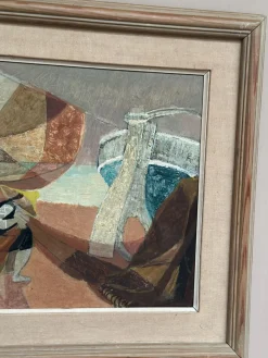 Nils Öst, Figur mit Booten, 1950er, Ölgemälde auf Holz, gerahmt