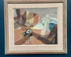 Nils Öst, Figur mit Booten, 1950er, Ölgemälde auf Holz, gerahmt