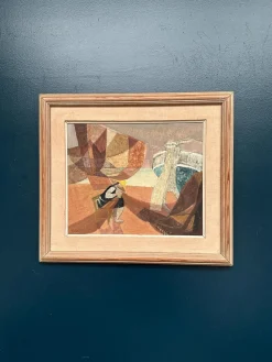Nils Öst, Figur mit Booten, 1950er, Ölgemälde auf Holz, gerahmt