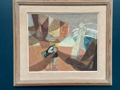 Nils Öst, Figur mit Booten, 1950er, Ölgemälde auf Holz, gerahmt