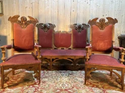 Nussholz Sofa und Stühle im Jugendstil, 3er Set