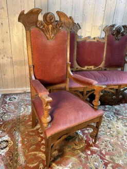 Nussholz Sofa und Stühle im Jugendstil, 3er Set