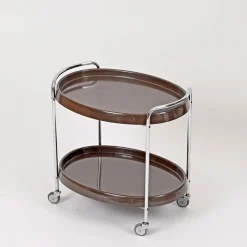 Ovaler italienischer Mid-Century Barwagen aus Chrom & braunem ABS-Kunststoff, 1970er