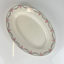 Ovaler Teller mit Girlanden-Muster in Rosa & Grün von Longwy, frühes 20. Jh