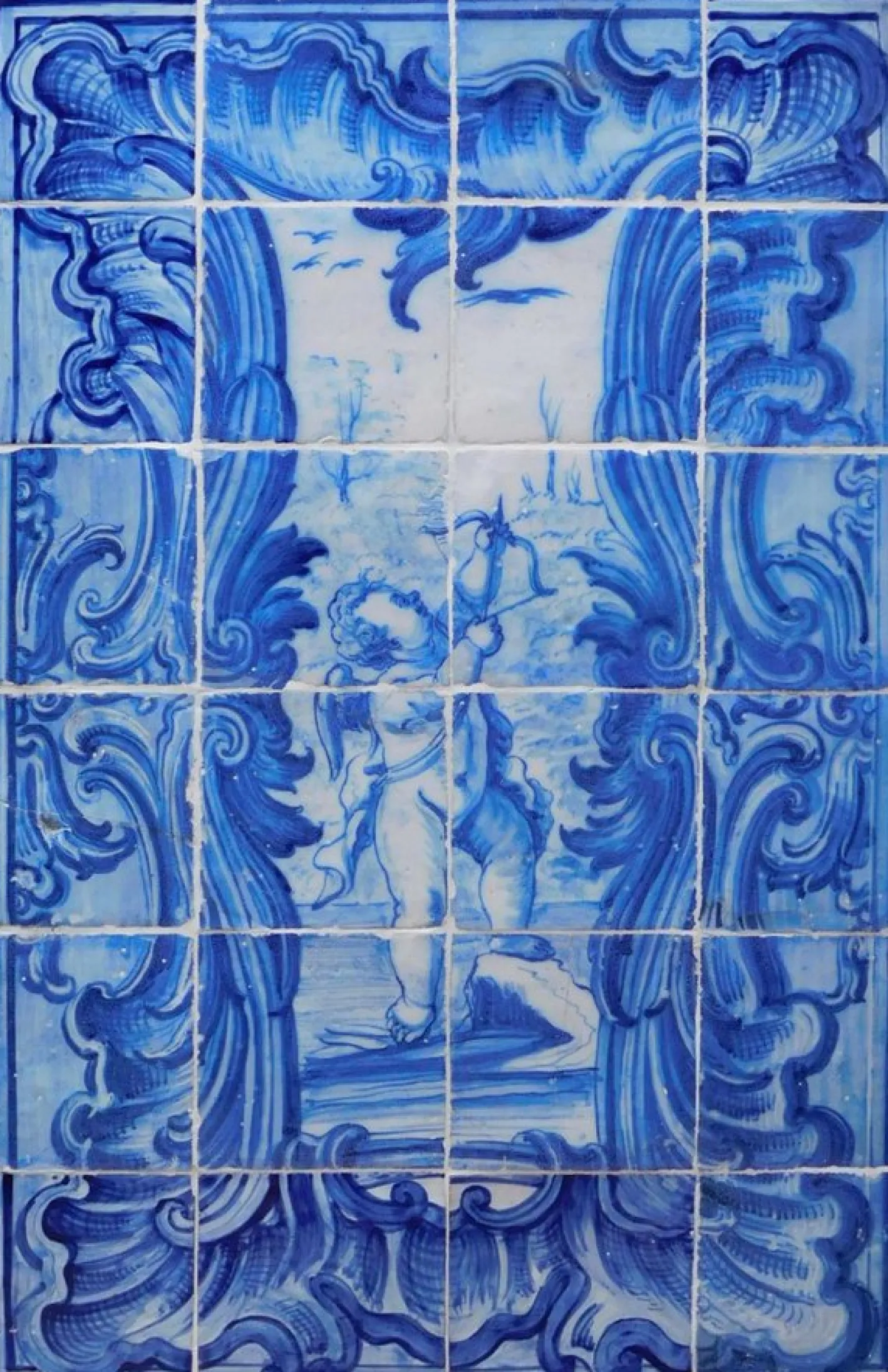 Portugiesische Fliesenplatte mit Amor-Dekor, 18. Jh., 24 Set