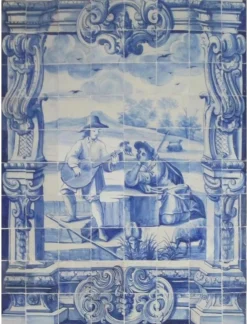 Portugiesisches Azulejos-Fliesenpaneel, 18. Jh. mit Troubadour-Dekor