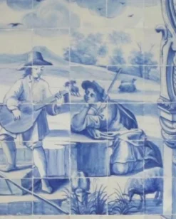 Portugiesisches Azulejos-Fliesenpaneel, 18. Jh. mit Troubadour-Dekor
