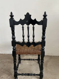 Portugiesisches schwarz lackiertes Mid-Century Wohnzimmerset aus Holz & Stroh, 1960er, 6er Set
