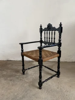 Portugiesisches schwarz lackiertes Mid-Century Wohnzimmerset aus Holz & Stroh, 1960er, 6er Set