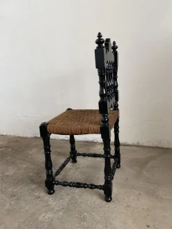 Portugiesisches schwarz lackiertes Mid-Century Wohnzimmerset aus Holz & Stroh, 1960er, 6er Set