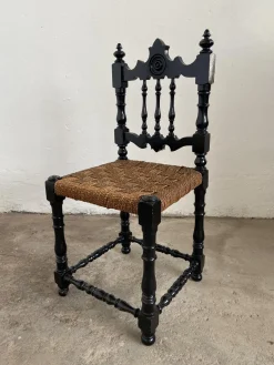 Portugiesisches schwarz lackiertes Mid-Century Wohnzimmerset aus Holz & Stroh, 1960er, 6er Set