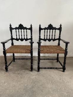 Portugiesisches schwarz lackiertes Mid-Century Wohnzimmerset aus Holz & Stroh, 1960er, 6er Set