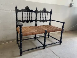 Portugiesisches schwarz lackiertes Mid-Century Wohnzimmerset aus Holz & Stroh, 1960er, 6er Set