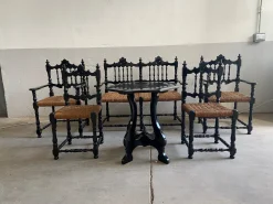 Portugiesisches schwarz lackiertes Mid-Century Wohnzimmerset aus Holz & Stroh, 1960er, 6er Set