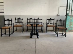 Portugiesisches schwarz lackiertes Mid-Century Wohnzimmerset aus Holz & Stroh, 1960er, 6er Set