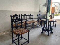 Portugiesisches schwarz lackiertes Mid-Century Wohnzimmerset aus Holz & Stroh, 1960er, 6er Set