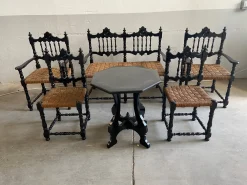 Portugiesisches schwarz lackiertes Mid-Century Wohnzimmerset aus Holz & Stroh, 1960er, 6er Set