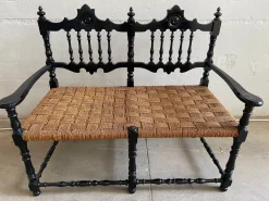 Portugiesisches schwarz lackiertes Mid-Century Wohnzimmerset aus Holz & Stroh, 1960er, 6er Set
