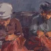 Postimpressionistische Studie, Fischer, die Netze reparieren, 20. Jh., Öl an Bord, gerahmt