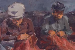 Postimpressionistische Studie, Fischer, die Netze reparieren, 20. Jh., Öl an Bord, gerahmt