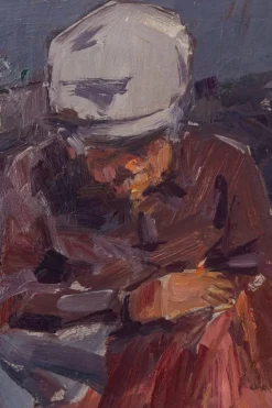 Postimpressionistische Studie, Fischer, die Netze reparieren, 20. Jh., Öl an Bord, gerahmt