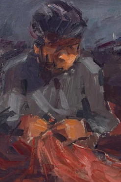 Postimpressionistische Studie, Fischer, die Netze reparieren, 20. Jh., Öl an Bord, gerahmt